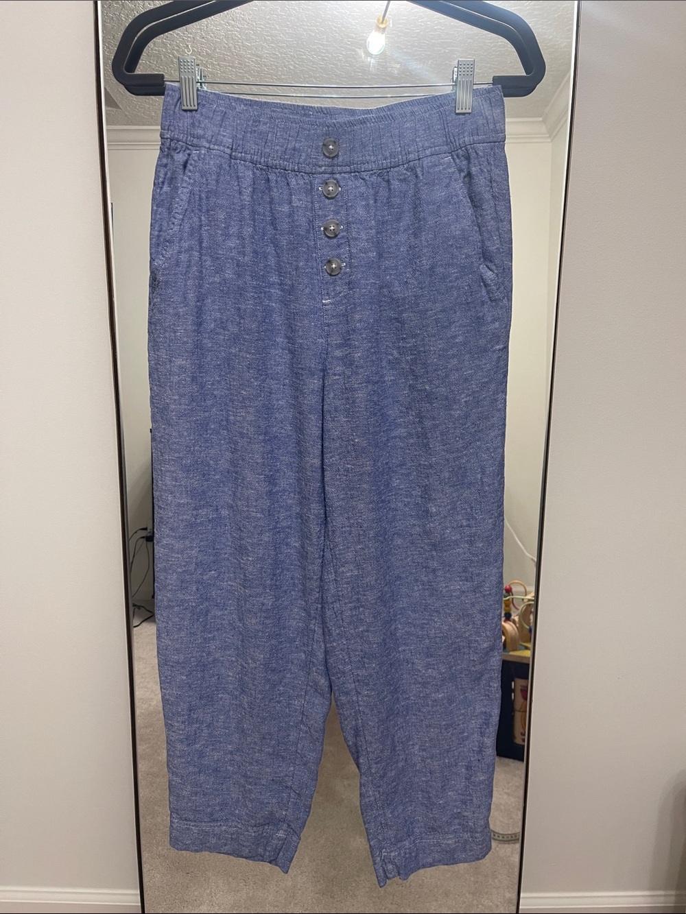 Casual Blue Button-Front Linen-Blend Pants with Elastic Waist